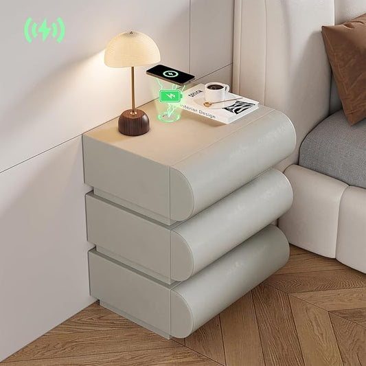 homary Smart Nightstand Modern White Leather Nightstands with Wireless Charger Bedside Table with 3 Drawers for Bedrooms Living Rooms Offices 19.7" W x 16.1" D x 23.6" H (Light Gray 3 Drawers)
