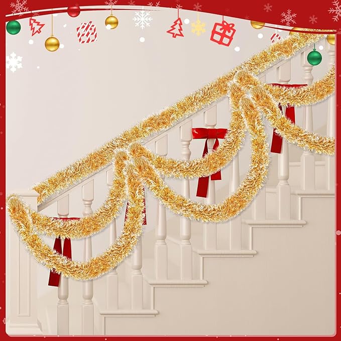 Lush Christmas Tinsel Garland, Gold & White Radiant Metallic Twist Streamers for Holiday Decor, Plush & Full Xmas Tree Garland for an Elegant Festive Atmosphere, Indoor & Outdoor Party Supplies