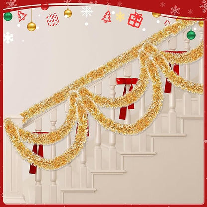 Lush Christmas Tinsel Garland, Gold & White Radiant Metallic Twist Streamers for Holiday Decor, Plush & Full Xmas Tree Garland for an Elegant Festive Atmosphere, Indoor & Outdoor Party Supplies