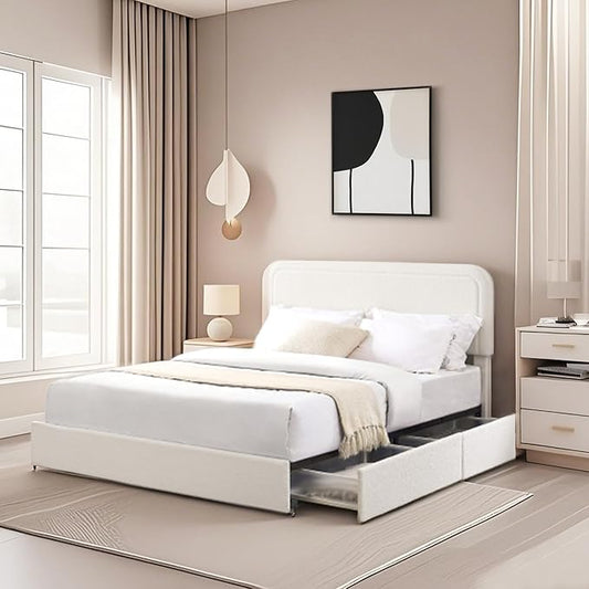Queen Size Boucle Upholstered Platform Bed Frame, with 2 Drawers Storage, Curved Stitched Tufted Headboard, Wooden Slat Mattress Support, Noise Free, Easy Assembly, No Box Spring Needed, Ivory