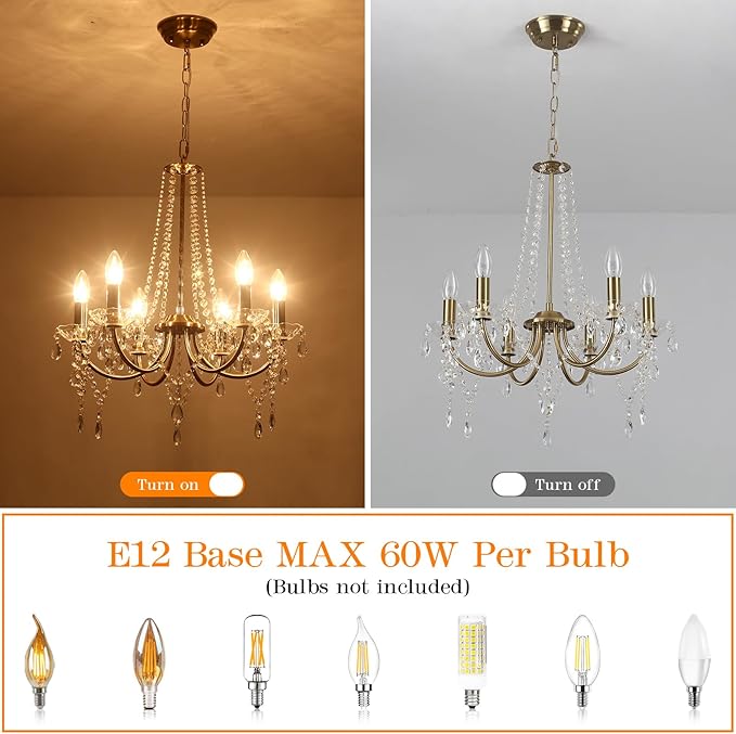 Crystal Gold Chandeliers for Dining Room, Modern Crystal Brass Chandelier Light Fixture, Vintage Pendant Light for Living Room Bedroom Bathroom Entryway Hallway E12 Bulbs D19 in x H24 in