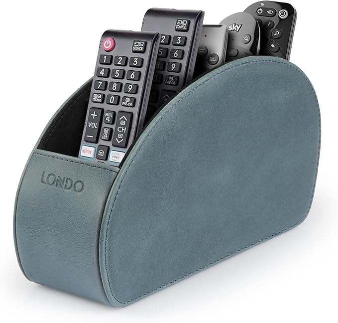 Londo Remote Control Holder with 5 Pockets - Store DVD, Blu-Ray, TV, Roku or Apple TV Remotes - Italian Genuine Leather with Suede Lining - Slim, Compact Living or Bedroom Storage