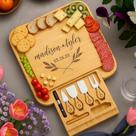 Personalized Charcuterie Board Gift Set - Custom Engraved Charcuterie Boards, Bamboo Cheese Board & Meat Platter - Wedding Gifts, Housewarming Gift for New Home, Anniversary, Birthday, Christmas Gifts