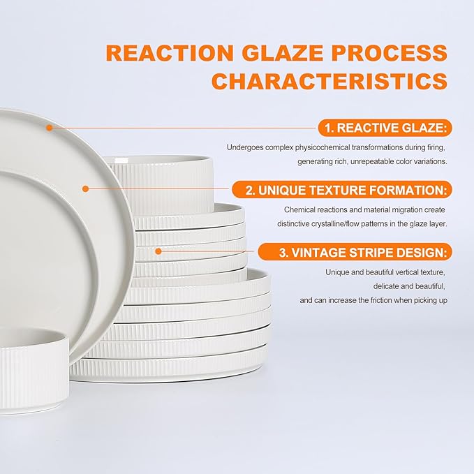 MONITO Ceramic Plates and Bowls Sets for 6, 18PCS Stoneware Dinnerware Sets, Reactive Glaze Dish Set, Chip and Scratch Resistant Double, Microwave and Dishwasher Safe,White