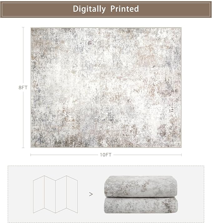 Washable Rugs 8x10 Area Rugs for Living Room,Modern Abstract Rugs for Bedroom,Large Carpets,Ultra Soft Faux Wool Retro Dining Room Rug,Non Slip&Non-Shedding Low Pile Print Rug- Beige Grey