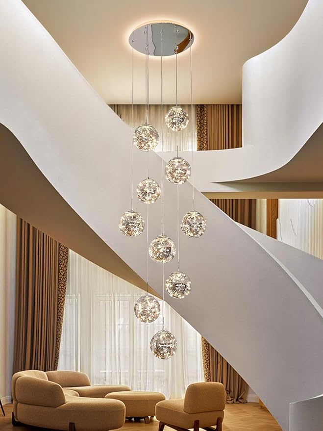 10-Light High Ceilings Long Chandeliers LED Staircase Chandelier High Ceiling Chandelier for Entryway,Modern Crystal Long Pendant Light, Adjustable Length 16" W x79 H，50W