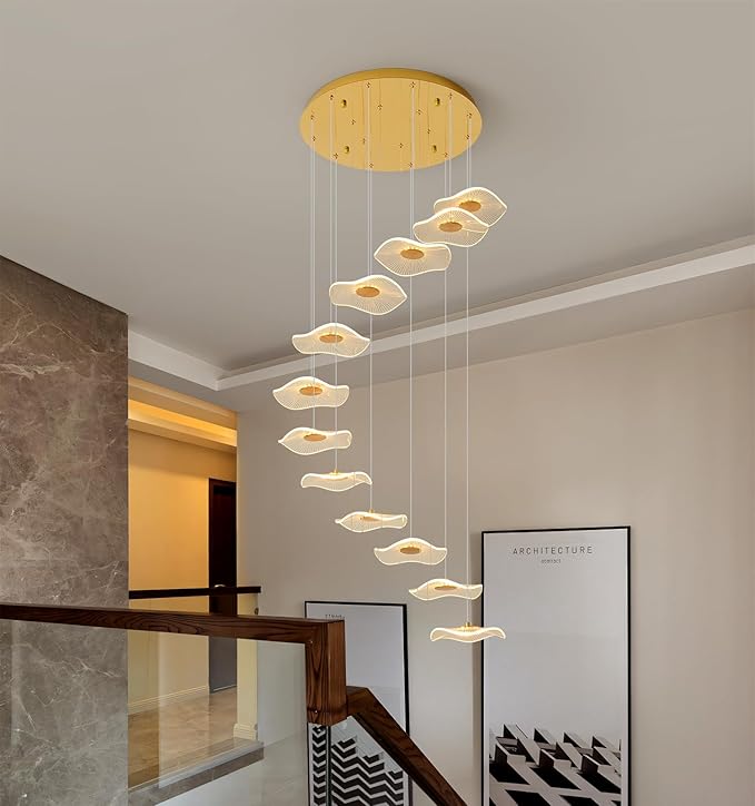 ziidoo High Ceiling Chandelier - 12-Light Dimmable Modern Gold Long Spiral Luxury Linear Lotus Leaf Led Lamp Hanging Pendant Lights for Foyer Enterway Staircase Villas