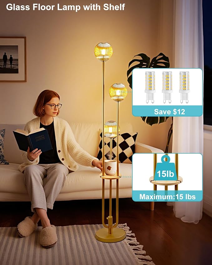 Glass Floor Lamp with Table, Gold Tall Standing Lamps Dimmable, 3000K Warmwhite Mid Century Modern Floor Lamp for Living Room/Bedroom