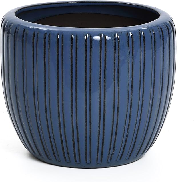 LuxenHome 11" Dia Ceramic Pots for Indoor Plants, Outdoor Large Planters with Drainage Holes and Rubber Plug, Modern Decorative Glazed Flower Pots, Blue Ribbed Round Planters for Home Garden Patio