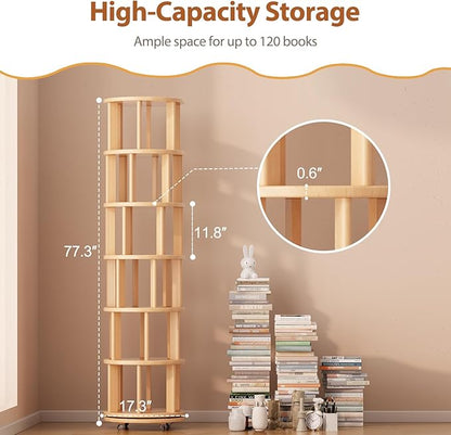 Solid Wood Rotating Bookshelf on Wheels, 6 Tier, Round Revolving Bookcase, 360° Spinning Book Shelf Tower for Kids, Narrow Rolling Bookshelves for Small Space, Corner, Bedroom, Office, Natural