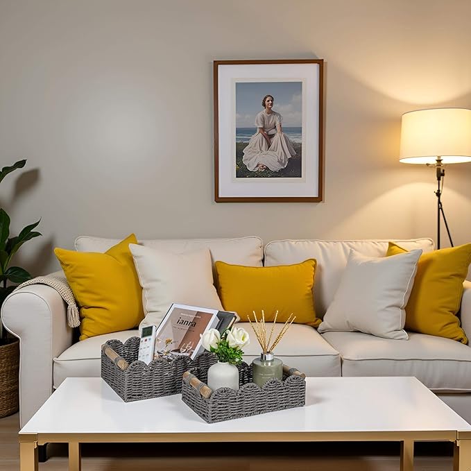 CubesLand Scalloped Edge Toilet Paper Storage Basket, Living Room Home Cozy Decor Basket, Paper Rope Small Baskets for Over Toilet Storage Shelf, Shelves, with 2 Wooden Handles, Grey