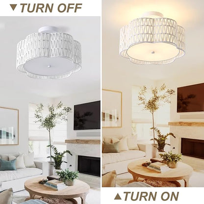 13.4" Boho Light Fixtures Flush Mount, 3-Light Rattan Ceiling Light Fixtures Flush Mount Gold for Bedroom, Flower-Shaped Close to Ceiling Light Fixture for Hallway Kitchen Dining Room(White)