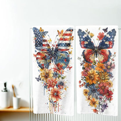 American Flag Butterfly Kitchen Dish Towels Set of 2 Watercolor Holiday Tabletop Decor Butterfly