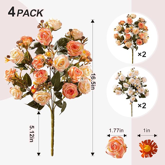 Artificial Flowers for Outdoor 4 Bundles Rose Bouquet with Daisy Faux Flowers UV Resistant for Home Indoor Outside Garden Porch Window Box Balcony Yard Porch Decor (White+Orange)