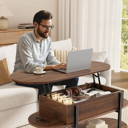 FABATO 41.7" Oval Lift Top Coffee Table, Fluted Wood Center Table with Hidden Storage, 3 Tier Oblong Tables with Curved Edge, Modern Elliptical Coffee Table for Living Room Reception Room, Walnut