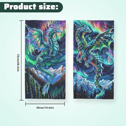 Dragon Kitchen Towels Set of 2 Fantasy Night Sky Mountain Northern Lights Dish Towels Holiday Tabletop Decor Dragon