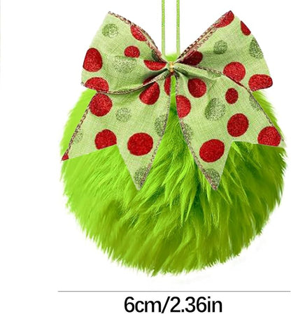 12 Pcs Furry Christmas Ball Ornaments with Bow, Lime Green Ball Ornaments for Christmas Tree Decorations Set, Hanging Pom Pom Xmas Party Supplies (Polka Dot, 2.36")