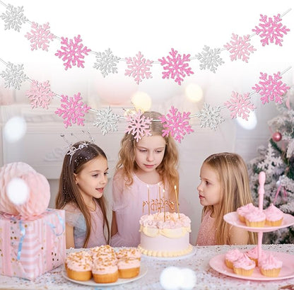 2Pack Pink Silver Snowflake Garland Winter Wonderland Decorations, Glitter Snowflake Banner for Girl Baby Shower Decorations, Birthday and Christmas Party Supplies, No DIY.