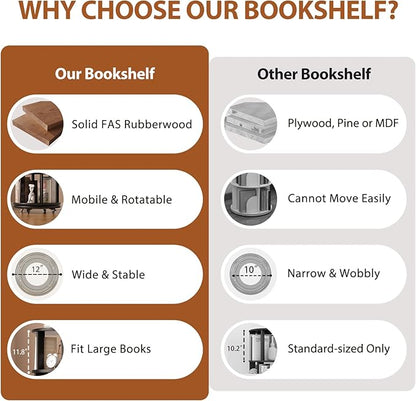 Solid Wood Rotating Bookshelf on Wheels, 4 Tier, Round Revolving Bookcase, 360° Spinning Book Shelf Tower for Kids, Narrow Rolling Bookshelves for Small Space, Corner, Bedroom, Office, Black