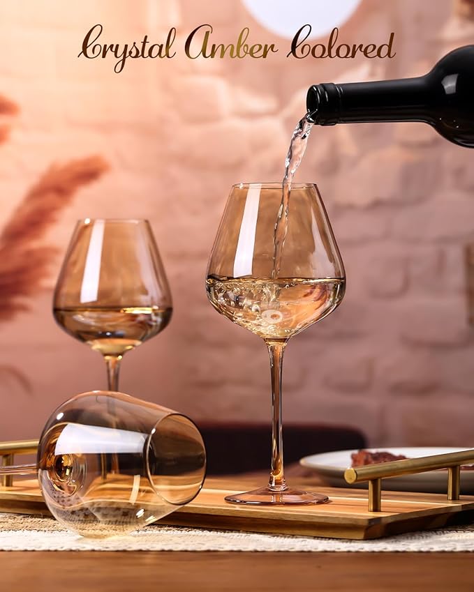 Physkoa Amber Brown Wine Glasses Set of 6-18oz Long Stemmed Dark Amber Wine Glass,Hand Blown Fall Wine Glasses