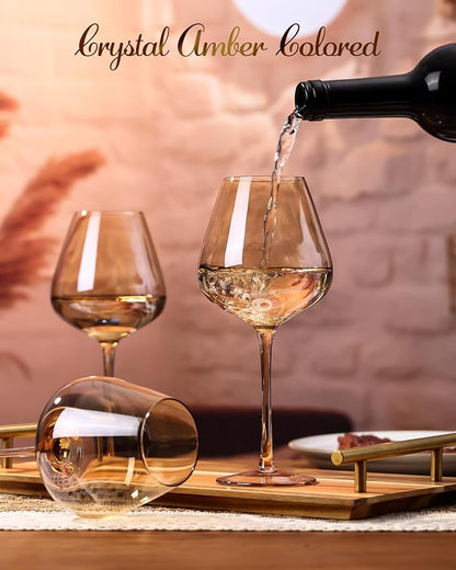 Physkoa Amber Brown Wine Glasses Set of 6-18oz Long Stemmed Dark Amber Wine Glass,Hand Blown Fall Wine Glasses