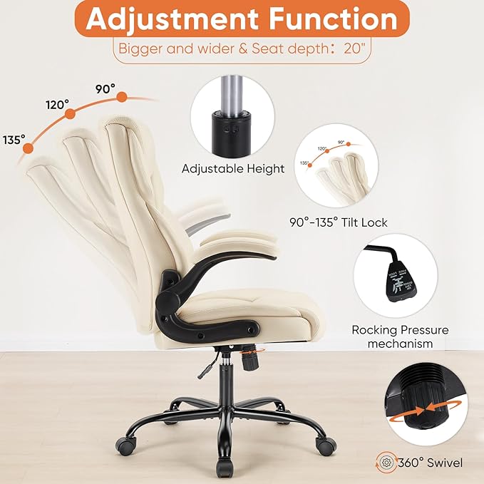 Sweetcrispy Computer Gaming Chair, Ergonomic High Back Heavy Duty Task Desk Office Chairs with Wheels, Flip-up Arms, Adjustable Height, PU Leather, Cream