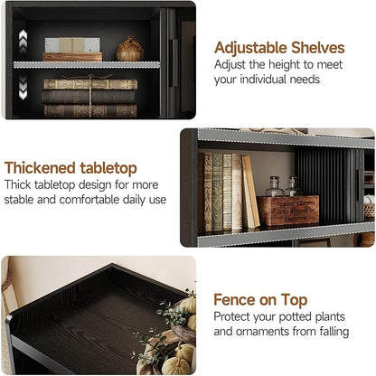 ONBRILL 44" Sideboard Buffet Cabinet with Outlet & 2 Open Storage Spaces, Fluted Sideboard Cabinet with Sliding Door & Adjustable Shelves, Mid-Century Accent Coffee Bar Console Table with Wooden Feet