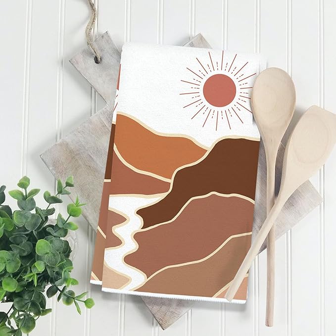 Boho Dish Towels Set of 2 Mountains Rivers Sun Kitchen Tea Towels, Mountain