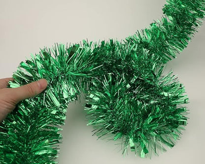 25 ft Long Roll Green Tinsel Twist Garland, Shiny Metallic Foil Decorations for Parade Floats, Halloween, Christmas Eve, New Year Parties (4" x 25' roll, Green)