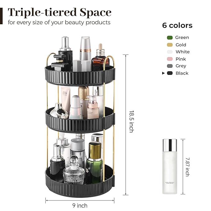 Aveniee 360 Rotating Makeup Organizer for Vanity, Large Spinning Bathroom Counter Organizer Shelf Holder for Cosmetics, Skin Care, Lipsticks,3 Tiers, Black