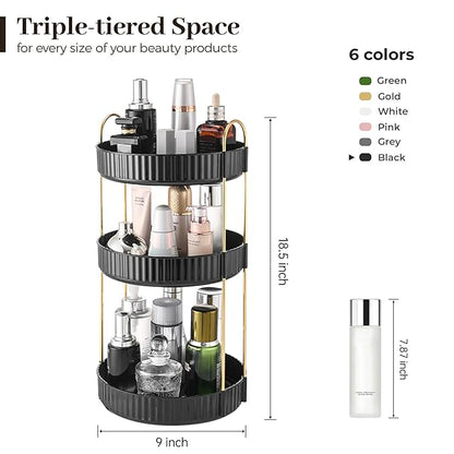 Aveniee 360 Rotating Makeup Organizer for Vanity, Large Spinning Bathroom Counter Organizer Shelf Holder for Cosmetics, Skin Care, Lipsticks,3 Tiers, Black