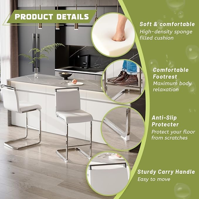 Bar Stools Set of 6,25" Counter Height Bar Stools with Footrest,White Faux Leather Kitchen Stools with Chrome Plated Metal Leg,Counter Height Stools Ideal for Island Pub Kitchen Counter Dining Chair