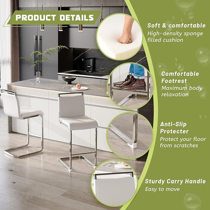 Bar Stools Set of 6,25" Counter Height Bar Stools with Footrest,White Faux Leather Kitchen Stools with Chrome Plated Metal Leg,Counter Height Stools Ideal for Island Pub Kitchen Counter Dining Chair