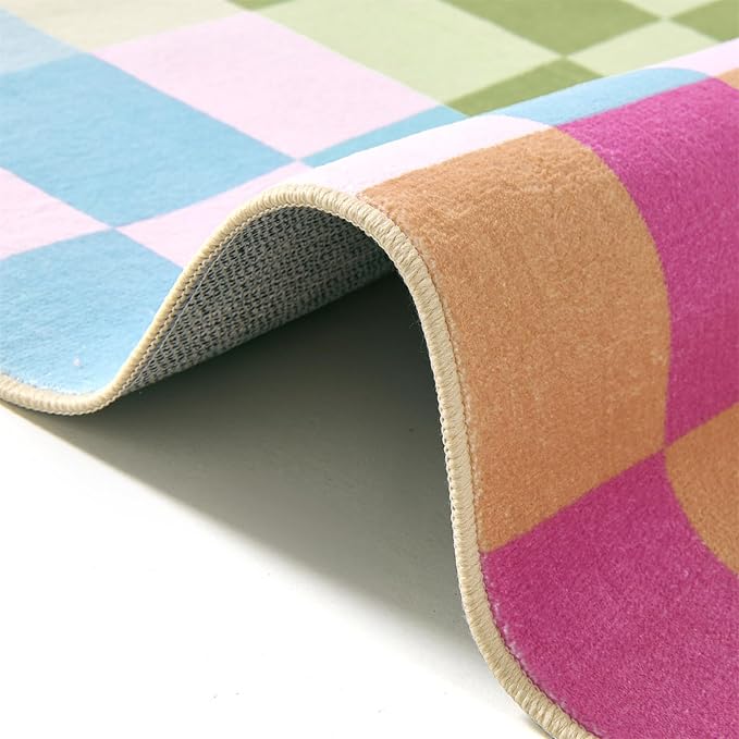 Multicolored Checkerboard Nursery Rug Washable Ultra Thin Retro Funky Aesthetic Cute 5x7 Area Rugs for Living Room Bedroom Kitchen Entryway Dorm, Pastel Colorful Checkered Geometric Carpet