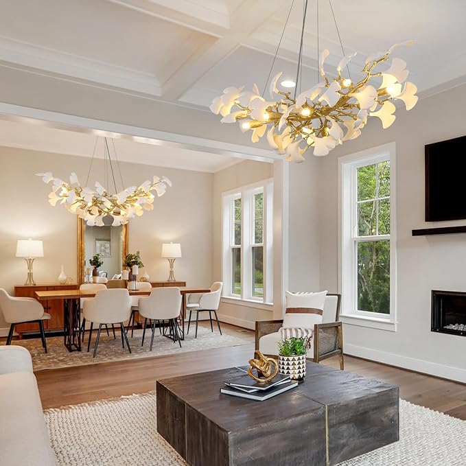 Modern Gold and White Tree Branch Chandeliers for Dining Room,36" Rectangle Ceramic Ginkgo Leaf Chandelier, Dining Chandelier,Linear Chandeliers for Dining Room, Living,Kitchen