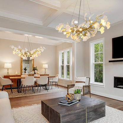 Modern Gold and White Tree Branch Chandeliers for Dining Room,36" Rectangle Ceramic Ginkgo Leaf Chandelier, Dining Chandelier,Linear Chandeliers for Dining Room, Living,Kitchen