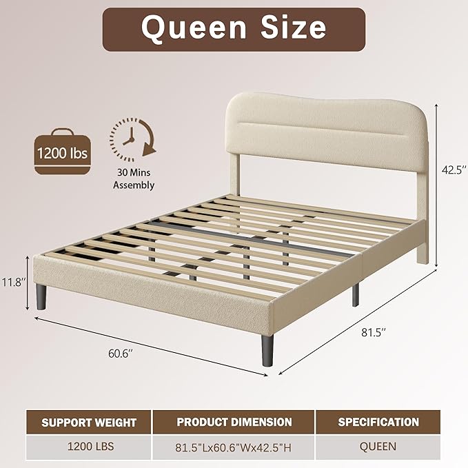 Queen Size Bed Frame with Headboard, upholstered Bed Frame Queen Size, Teddy Soft Boucle Fabric, Soft Cloud Marshmallow Shape Upholstered Headboard, No Box Spring Needed, Noise Free (Beige)