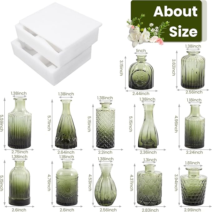 12pcs Green Glass Bud Vases Set, Small Vases for Flowers, Bud Vase for Centerpieces in Bulk, Mini Vintage Vase for Wedding Decorations, Office and Home Table Flower Décor
