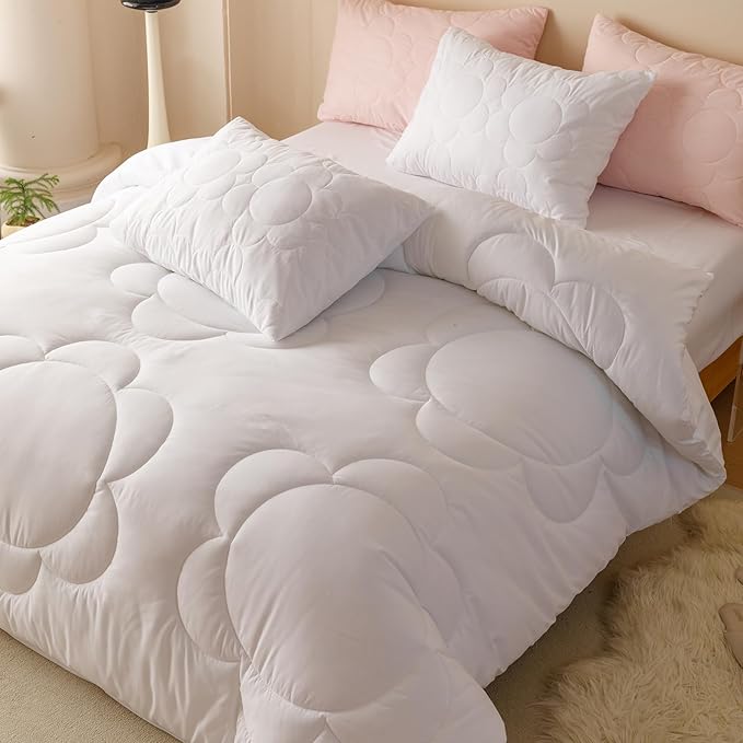 CLOTHKNOW White Comforter Set Twin/Twin XL Daisy Puff Bedding Comforter Sets Soft Boho Comforter White Comforters with 2 x Pillow Cases