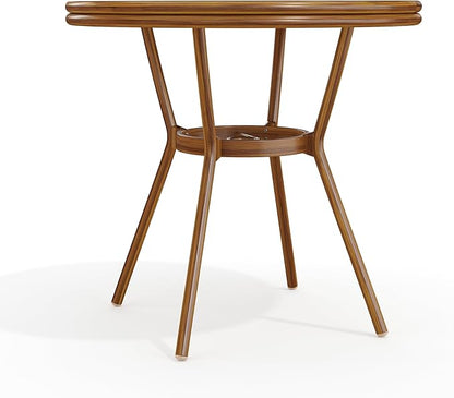 Martha Stewart Lily Pond 31” Round Indoor-Outdoor Bistro Dining Table with Aluminum Frame in Natural Woodgrain and Rattan Top in Black/White with Tempered Glass Top