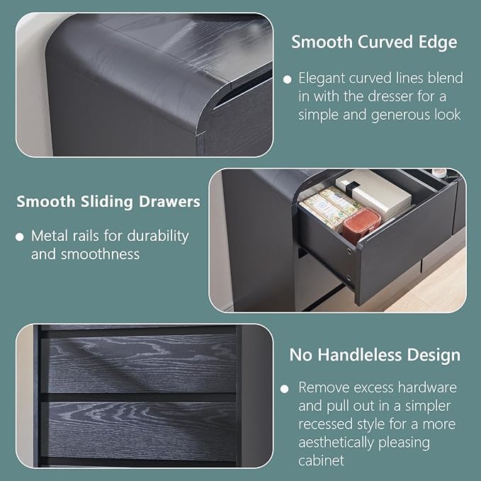 Modern 6 Drawers Dresser for Bedroom, 47" Wide Wood Dressers & Chests of Drawers w/Curved Profile Design, Mid Century Modern Dresser w/Natural Texture for Bedroom, Living Room, Black