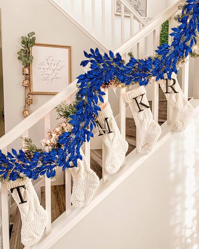 3 Pcs 6FT Christmas Garland Blue Glittered Artificial Magnolia Leaves for Mantle Christmas Tree Decorations Indoor Outdoor Hanging Garland Ornaments Garden Door Wall Window Stair Holiday Home Decor