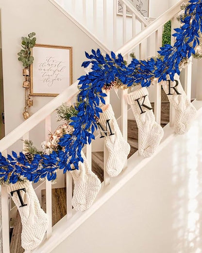 3 Pcs 6FT Christmas Garland Blue Glittered Artificial Magnolia Leaves for Mantle Christmas Tree Decorations Indoor Outdoor Hanging Garland Ornaments Garden Door Wall Window Stair Holiday Home Decor