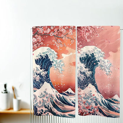 Cherry Blossom Kitchen Towels Set of 2 Japanese Ocean Wave Anime Dish Towels Gifts for Women 16x24 Tabletop Decor