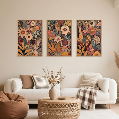 HOURIA Large Orange Flower Framed Canvas Wall Art Set,Boho Mid Century Modern Floral Botanical Wall Decor,Retro Vintage Blossom Artwork,Neutral Plant Art Print for Living Room,Bedroom,Office-24"x36"x3
