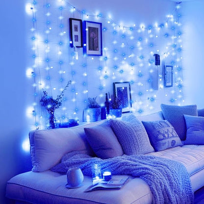 Minetom Curtain Lights, 300 LED Dimmable Fairy Lights with Remote and Timer, 8 Modes, USB Powered String Lights for Room Wall Party Xmas Indoor Decor, Blue & White