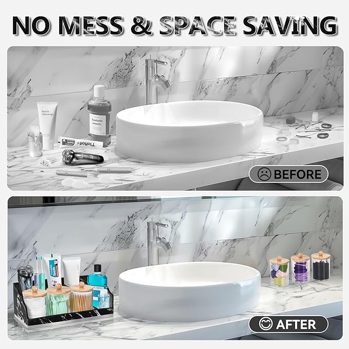 Marble Bathroom Countertop Organizer, Toothbrush Holders for Bathroom with 3PCS Qtip Holder Dispenser and Toothpaste Holder Drainage for Bathroom Accessories Organization Counter Vanity Storage