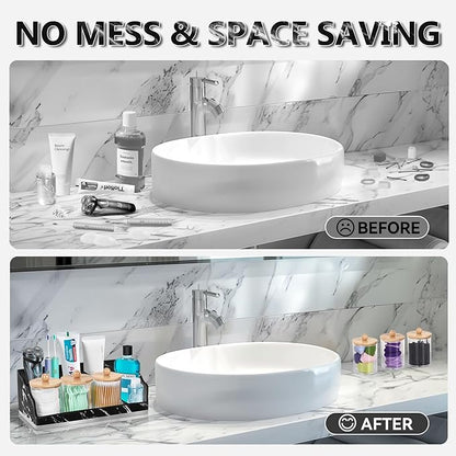 Marble Bathroom Countertop Organizer, Toothbrush Holders for Bathroom with 3PCS Qtip Holder Dispenser and Toothpaste Holder Drainage for Bathroom Accessories Organization Counter Vanity Storage