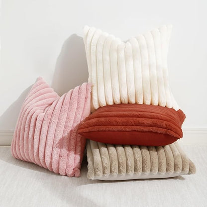 decorUhome Faux Fur Fall Throw Pillow Covers 20x20 Set of 2, Decorative Soft Plush Striped Neutral Euro Pillow Covers with Velvet Back for Bed, Living Room Home Decor, Rust