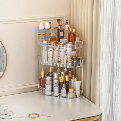Corner Bathroom Counter Organizer with Makeup Brush Holder & Toothbrush Holders, Makeup Organizer for Vanity Countertop, Acrylic Skincare Storage Shelf (Clear, 3-Tier)